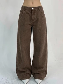 DAZY 女款水洗做舊直筒牛仔褲，開學季休閒街頭穿搭服飾，適合教師，咖啡棕色，夏季 - 棕色 - 查看 10