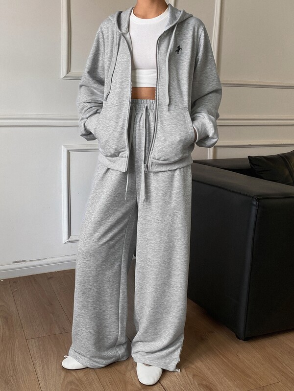 Livesso Autumn/Winter Women's 2-Piece Set, Hooded Zip-Up Long Sleeve Knit Top With Elastic Waist, Solid Color, Casual Sporty Style