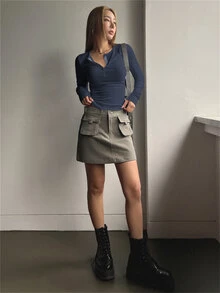 DAZY 半扣罗纹针织 T 恤，秋季服装长袖女式上衣 - 霧霾藍 - 查看 6