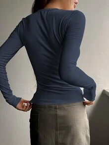 DAZY 半扣罗纹针织 T 恤，秋季服装长袖女式上衣 - 霧霾藍 - 查看 2