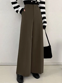 DAZY 女士商务休闲裤，四季宽腿裤，女装，女式裤子，女士正装裤 - 咖啡棕 - 查看 4