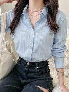 DAZY Women's Plain Loose Turndown Collar Long Sleeve Textured Shirt, Blouse,Fall Clothes - Blue - View 6