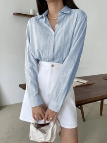 DAZY Women's Plain Loose Turndown Collar Long Sleeve Textured Shirt, Blouse,Fall Clothes - Blue - View 4