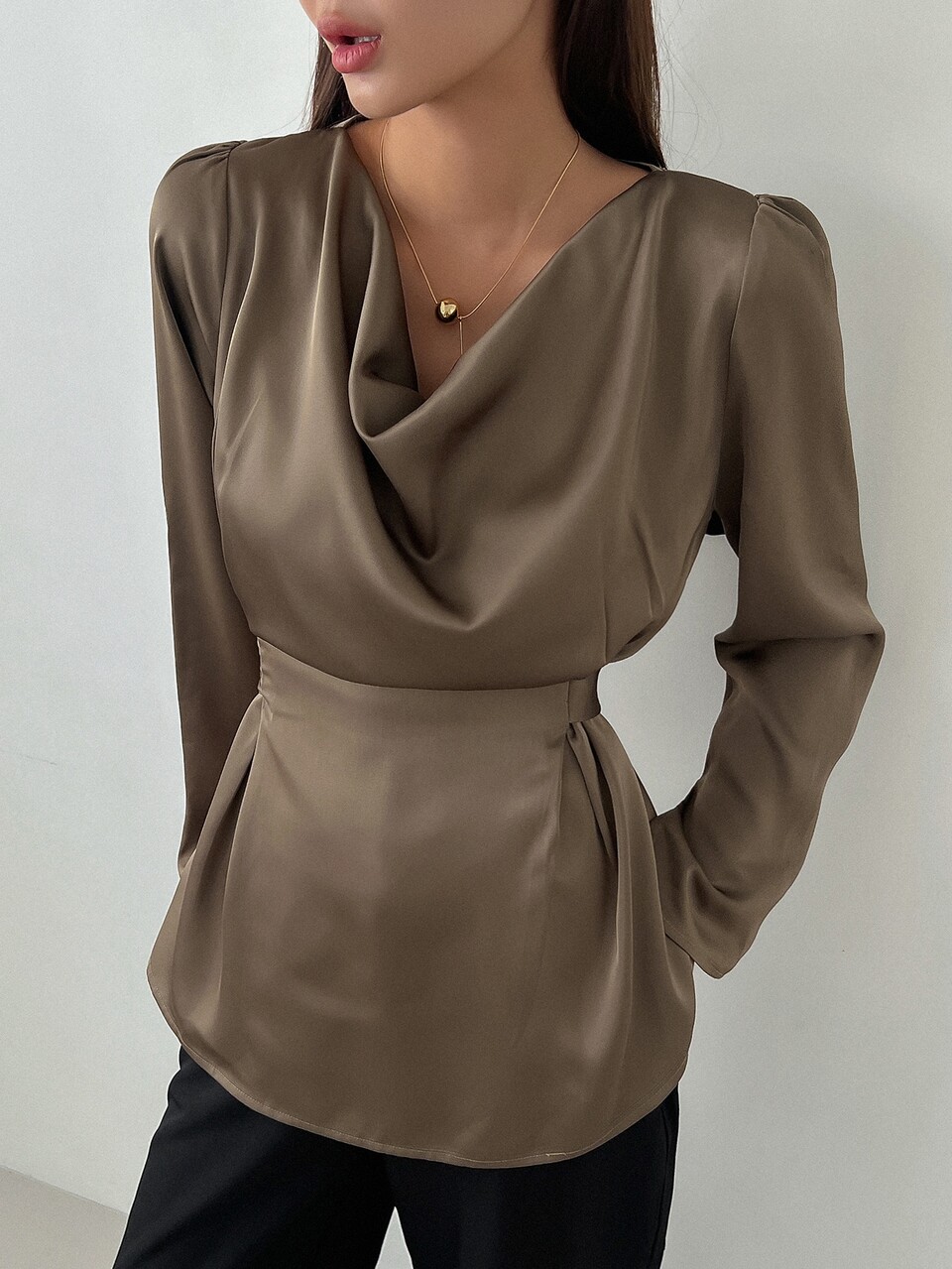 Women's Solid Color Ruffled Collar Puff Sleeve Casual Business Shirt, Autumn,Long Sleeve Tops