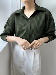 DAZY 女式宽松条纹休闲/校服衬衫，秋季女装长袖上衣 - 軍綠色 - 查看 5