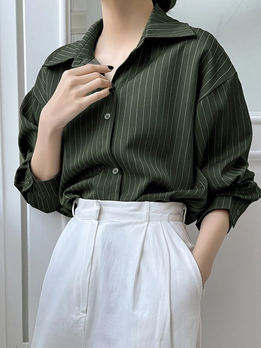 DAZY 女式宽松条纹休闲/校服衬衫,秋季女装长袖上衣 - 軍綠色 - 查看 1