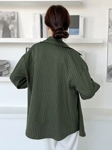 DAZY 女式宽松条纹休闲/校服衬衫，秋季女装长袖上衣 - 軍綠色 - 查看 3