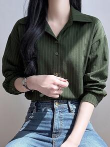 DAZY 女式宽松条纹休闲/校服衬衫，秋季女装长袖上衣 - 軍綠色 - 查看 6