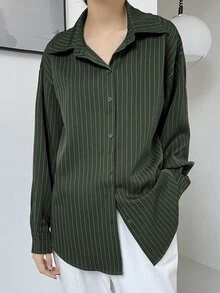 DAZY 女式宽松条纹休闲/校服衬衫，秋季女装长袖上衣 - 軍綠色 - 查看 4