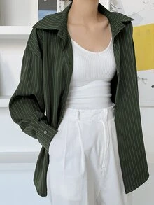 DAZY 女式宽松条纹休闲/校服衬衫，秋季女装长袖上衣 - 軍綠色 - 查看 2