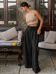 Livesso Women's Casual Solid Color Wide Leg Pants With Drawstring, Zipper Design, Summer - Black - View 5