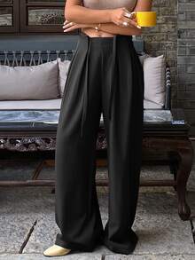 Livesso Women's Casual Solid Color Wide Leg Pants With Drawstring, Zipper Design, Summer - Black - View 3