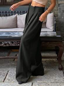 Livesso Women's Casual Solid Color Wide Leg Pants With Drawstring, Zipper Design, Summer - Black - View 4
