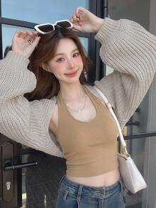 DAZY Solid Batwing Sleeve Crop Cardigan,Long Sleeve Tops - Light Grey - View 10