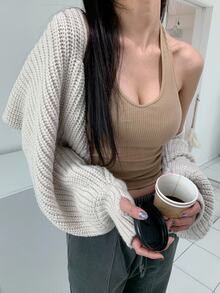 DAZY Solid Batwing Sleeve Crop Cardigan,Long Sleeve Tops - Light Grey - View 3