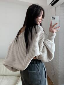 DAZY Solid Batwing Sleeve Crop Cardigan,Long Sleeve Tops - Light Grey - View 2