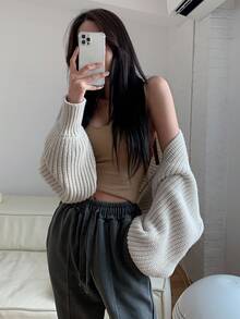 DAZY Solid Batwing Sleeve Crop Cardigan,Long Sleeve Tops - Light Grey - View 4