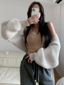 DAZY Solid Batwing Sleeve Crop Cardigan,Long Sleeve Tops - Light Grey - View 8