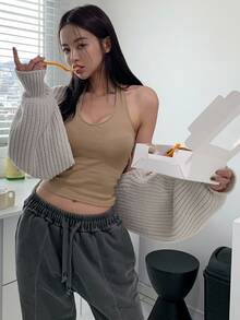 DAZY Solid Batwing Sleeve Crop Cardigan,Long Sleeve Tops - Light Grey - View 6