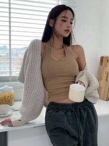 DAZY Solid Batwing Sleeve Crop Cardigan,Long Sleeve Tops - Light Grey - View 7