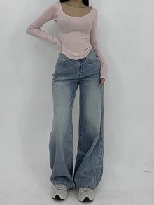 DAZY Women's Loose Fit Wide Leg Pockets Casual Jeans, Versatile - Blue - View 4