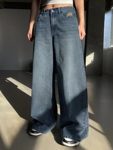 DAZY 女式纯色阔腿牛仔裤，带口袋和纽扣，女士休闲纽扣、口袋、拉链自然阔腿长款深色洗水棉宽松女式牛仔裤，春/秋，休闲日常穿着 - 深色水洗藍 - 查看 5