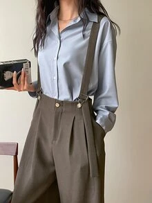 DAZY 女士休闲复古硬币吊带阔腿裤带口袋连体裤秋冬家居服套装 - 卡其色 - 查看 9