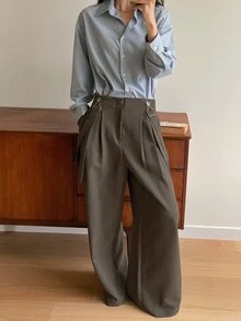 DAZY 女士休闲复古硬币吊带阔腿裤带口袋连体裤秋冬家居服套装 - 卡其色 - 查看 3