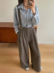DAZY 女士休闲复古硬币吊带阔腿裤带口袋连体裤秋冬家居服套装 - 卡其色 - 查看 5