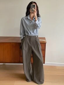 DAZY 女士休闲复古硬币吊带阔腿裤带口袋连体裤秋冬家居服套装 - 卡其色 - 查看 4