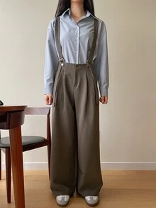 DAZY 女士休闲复古硬币吊带阔腿裤带口袋连体裤秋冬家居服套装 - 卡其色 - 查看 8