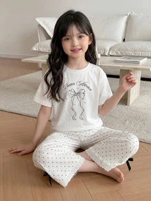 DAZY 女童蝴蝶結印花上衣與波點印花蝴蝶結裝飾長褲居家服 - 白色 - 查看 8