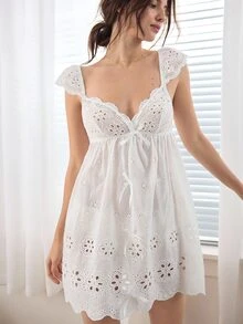 Ocili 白色刺绣短袖A字宽松蝴蝶结波西米亚浪漫女式睡裙 - 白色 - 查看 4
