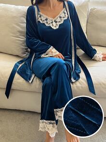 DAZY Women's Contrast Lace Cuff Robe, Camisole And Long Pants Elegant Pajama Set Fall - Blue - View 4