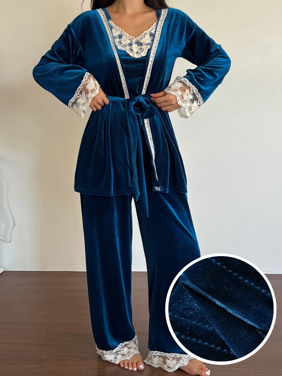 DAZY Women's Contrast Lace Cuff Robe, Camisole And Long Pants Elegant Pajama Set Fall - Blue - View 1