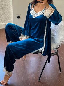 DAZY Women's Contrast Lace Cuff Robe, Camisole And Long Pants Elegant Pajama Set Fall - Blue - View 6