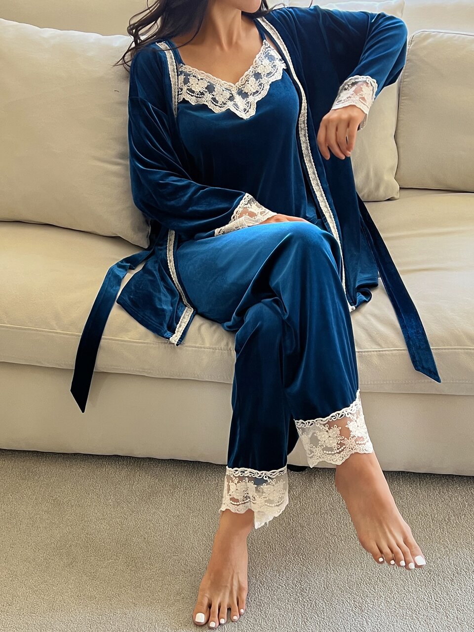 Women's Contrast Lace Cuff Robe, Camisole And Long Pants Elegant Pajama Set Fall