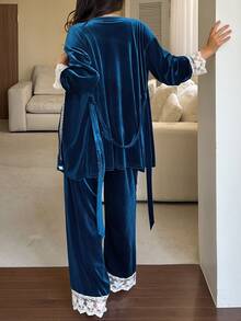 DAZY Women's Contrast Lace Cuff Robe, Camisole And Long Pants Elegant Pajama Set Fall - Blue - View 2