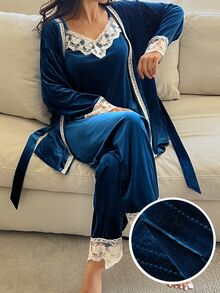 DAZY Women's Contrast Lace Cuff Robe, Camisole And Long Pants Elegant Pajama Set Fall - Blue - View 3