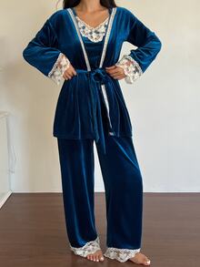 DAZY Women's Contrast Lace Cuff Robe, Camisole And Long Pants Elegant Pajama Set Fall - Blue - View 9