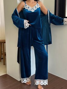 DAZY Women's Contrast Lace Cuff Robe, Camisole And Long Pants Elegant Pajama Set Fall - Blue - View 5