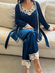 DAZY Women's Contrast Lace Cuff Robe, Camisole And Long Pants Elegant Pajama Set Fall - Blue - View 8