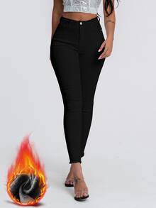 SHEIN Essnce Women's Casual Versatile Solid Color Skinny Jeans Thermal Denim,Black Jeans - Black - View 5