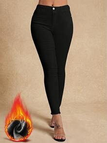 SHEIN Essnce Women's Casual Versatile Solid Color Skinny Jeans Thermal Denim,Black Jeans - Black - View 4