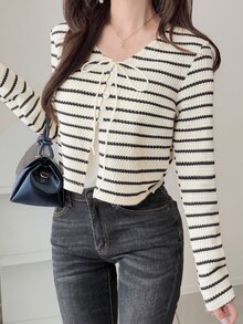 FRIFUL Women's Early Summer/Autumn New Korean Style Striped Drawstring Bowknot Jacket Cute Tops - Black - View 4