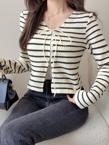 FRIFUL Women's Early Summer/Autumn New Korean Style Striped Drawstring Bowknot Jacket Cute Tops - Black - View 3