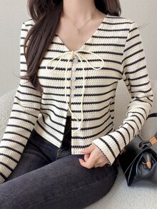 FRIFUL Women's Early Summer/Autumn New Korean Style Striped Drawstring Bowknot Jacket Cute Tops - Black - View 6