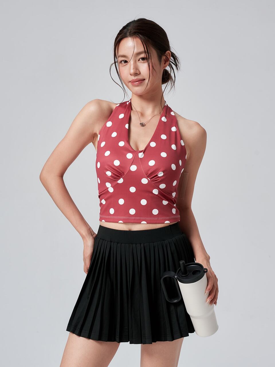 Summer Autumn Korean Style Halter Neck Red Base Layer Top White Polka Dot Print Knot Short Fitted Sports Casual Tank Top For Women Y2K
