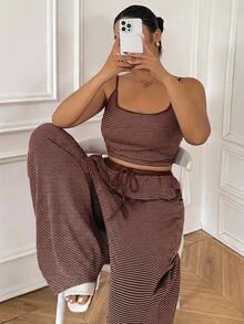 Dazy Plus Striped Slim Fit Camisole Top & Pajama Pants Set, Plus Size Women's Spring/Summer Loungewear - Brown - View 1