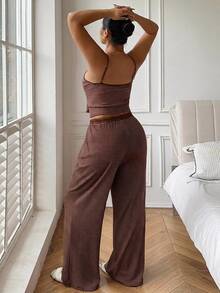 Dazy Plus Striped Slim Fit Camisole Top & Pajama Pants Set, Plus Size Women's Spring/Summer Loungewear - Brown - View 6